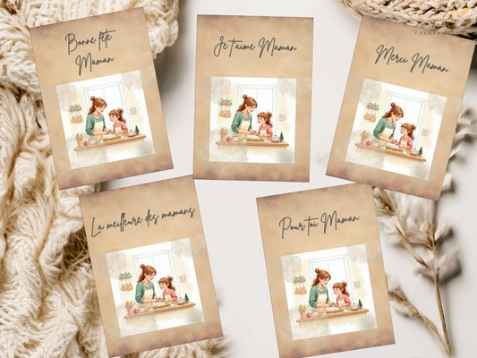French Mother’s Day Card Set featuring five coordinated printable card designs with heartfelt French messages, tender mother and daughter baking illustrations, and soft watercolor-inspired pastel tones.