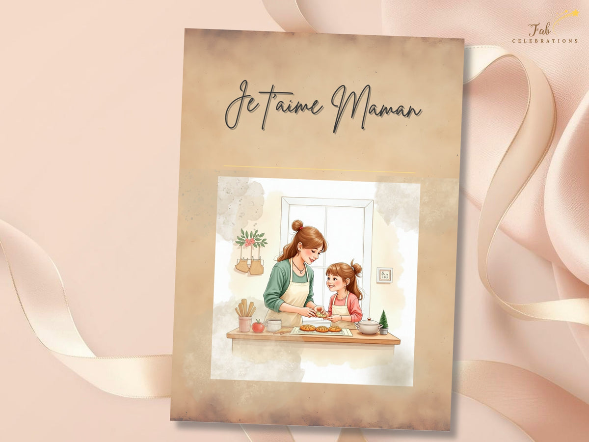 Je t’aime Maman French Mother’s Day printable card with watercolor-inspired artwork of a mother and daughter preparing treats together, finished with elegant lettering and warm beige tones.