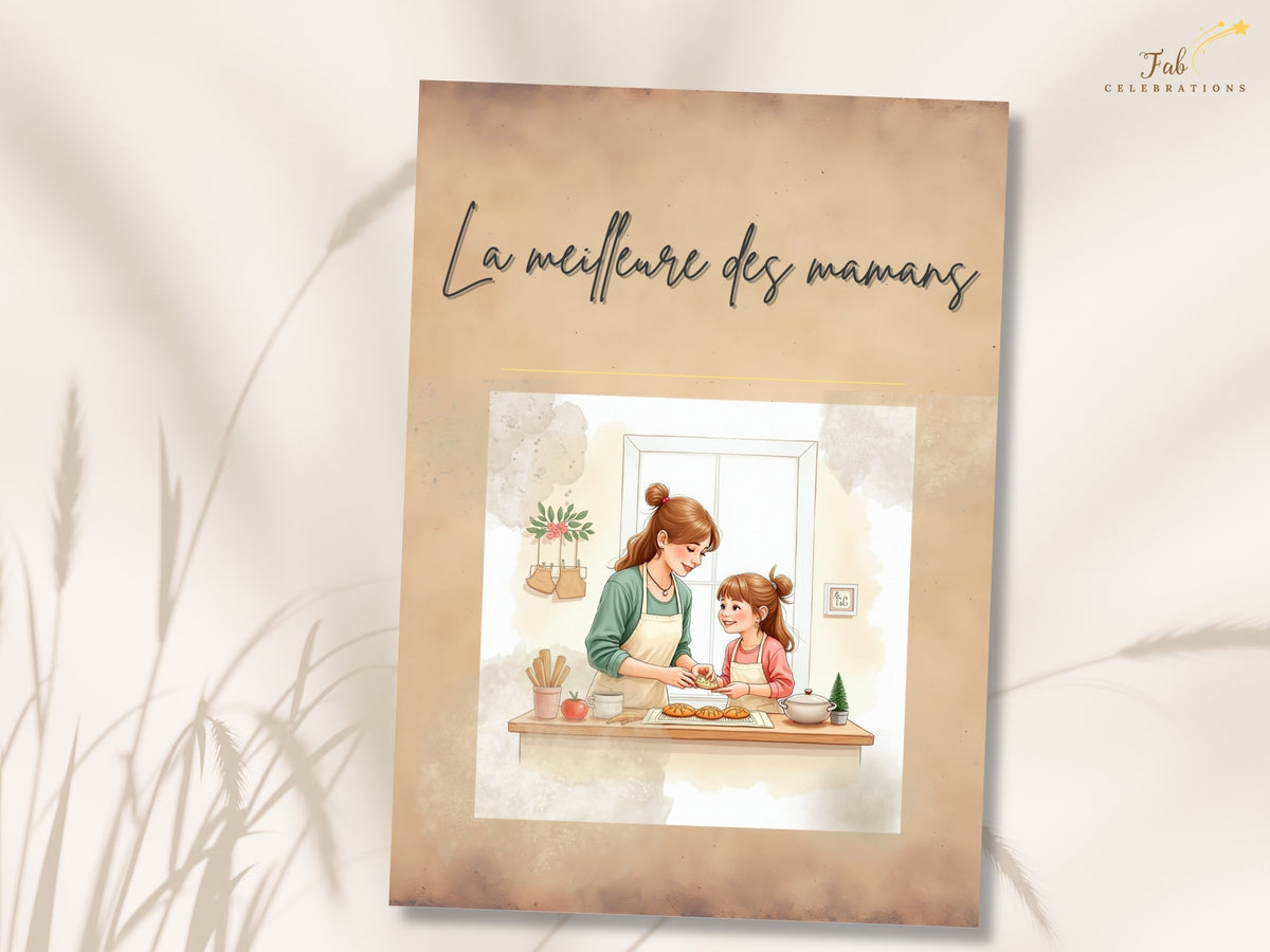 La meilleure des mamans printable card with French lettering and watercolor-inspired mother-and-daughter baking illustration, offering an elegant, heartfelt design for Mother’s Day.