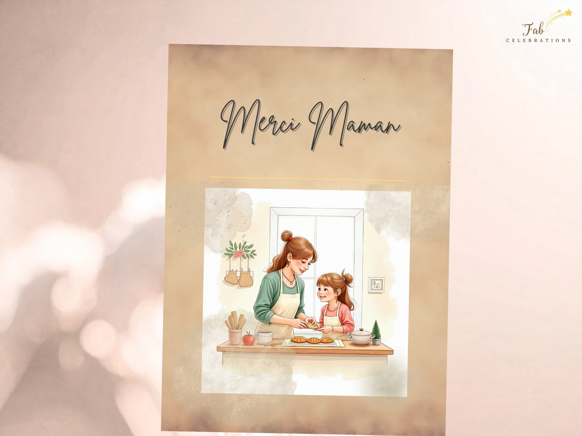 Merci Maman French printable card featuring watercolor-inspired artwork of a mother and daughter baking, with delicate script lettering and a soft, elegant beige greeting card design.