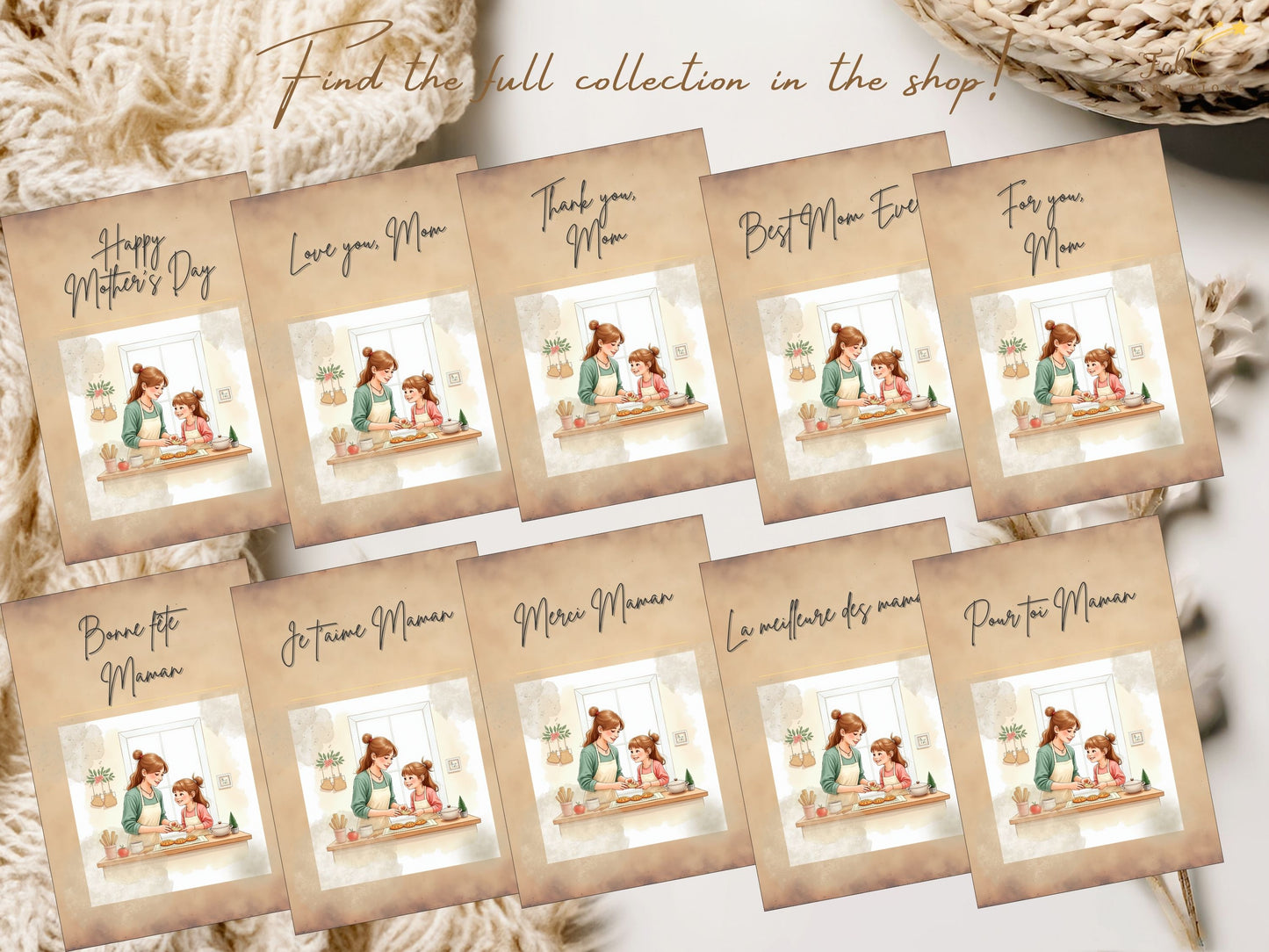 French Mother’s Day Card Set illustration emphasizing loving mother-daughter bonding moments, cozy kitchen atmosphere, and delicate pastel palette inspired by timeless French simplicity.
