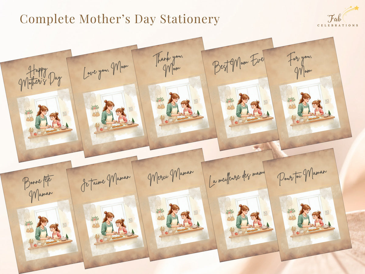 Mother’s Day Simple Elegance collection preview showing ten French-language card fronts with tender messages and watercolor-inspired mother-and-daughter baking artwork; matching backs included.