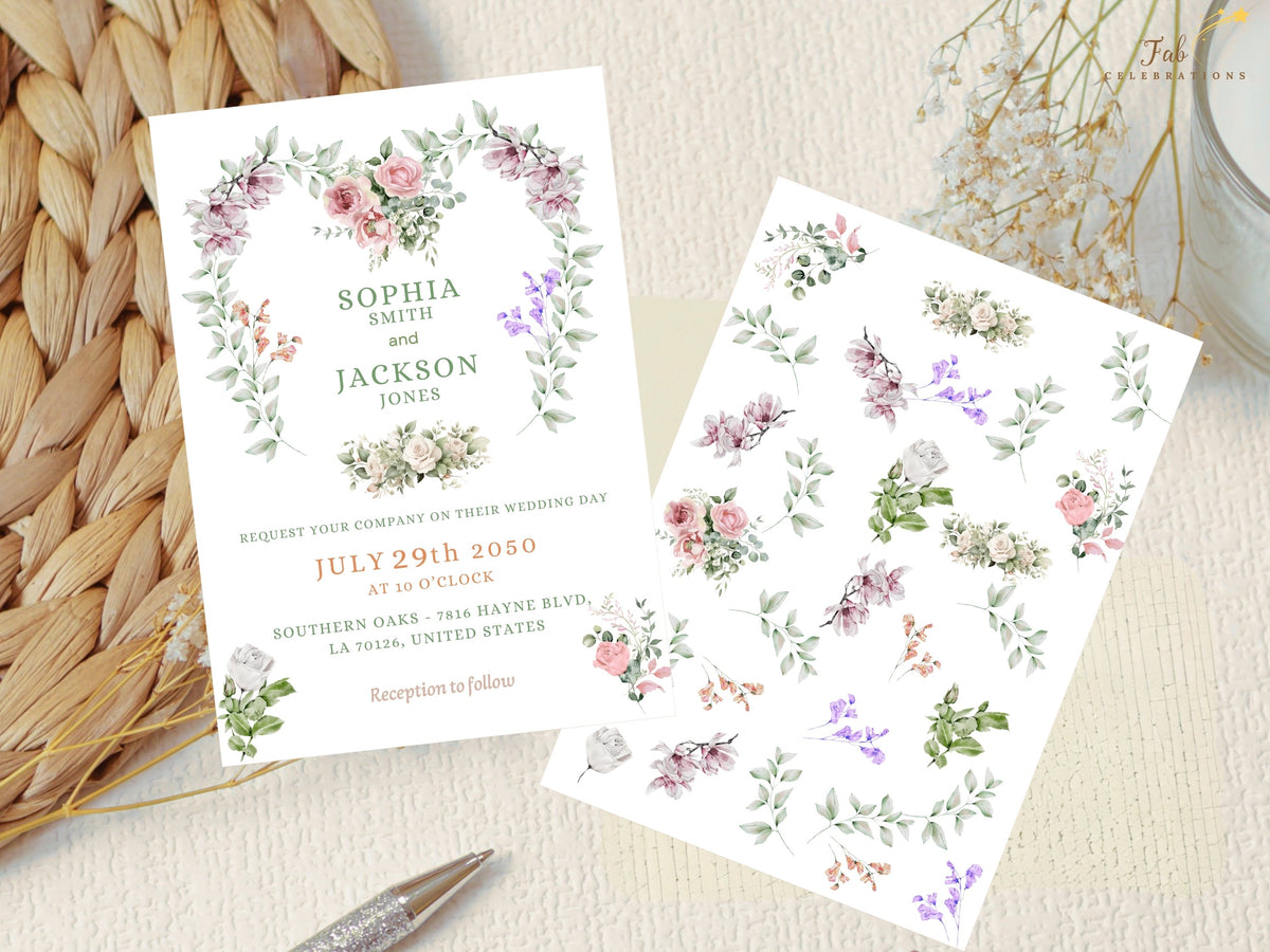 French Wedding Invitations card displayed beside the watercolor-inspired floral elements used in the suite, highlighting pink roses, purple blossoms, greenery and delicate botanical details.