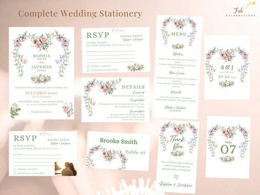 French Wedding Invitations complete eleven-template suite featuring coordinated invitation, RSVP, details, save the date, table number, place card, menu and thank-you stationery with floral styling.