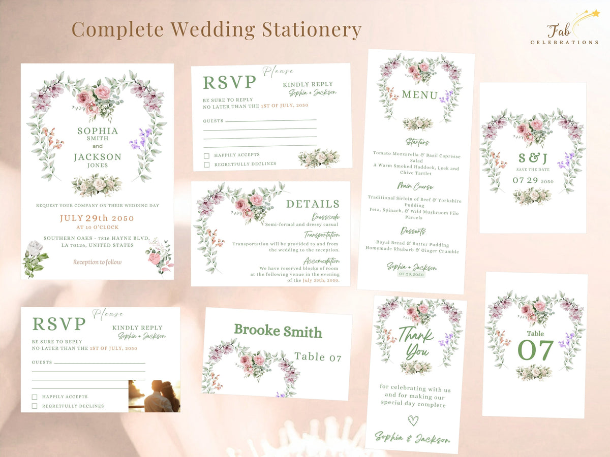 French Wedding Invitations complete wedding stationery collection featuring 11 editable Canva templates including invitation, RSVP, details, save the date, menu, table number, place card and thank you card with watercolor-inspired floral artwork and elegant botanical accents.