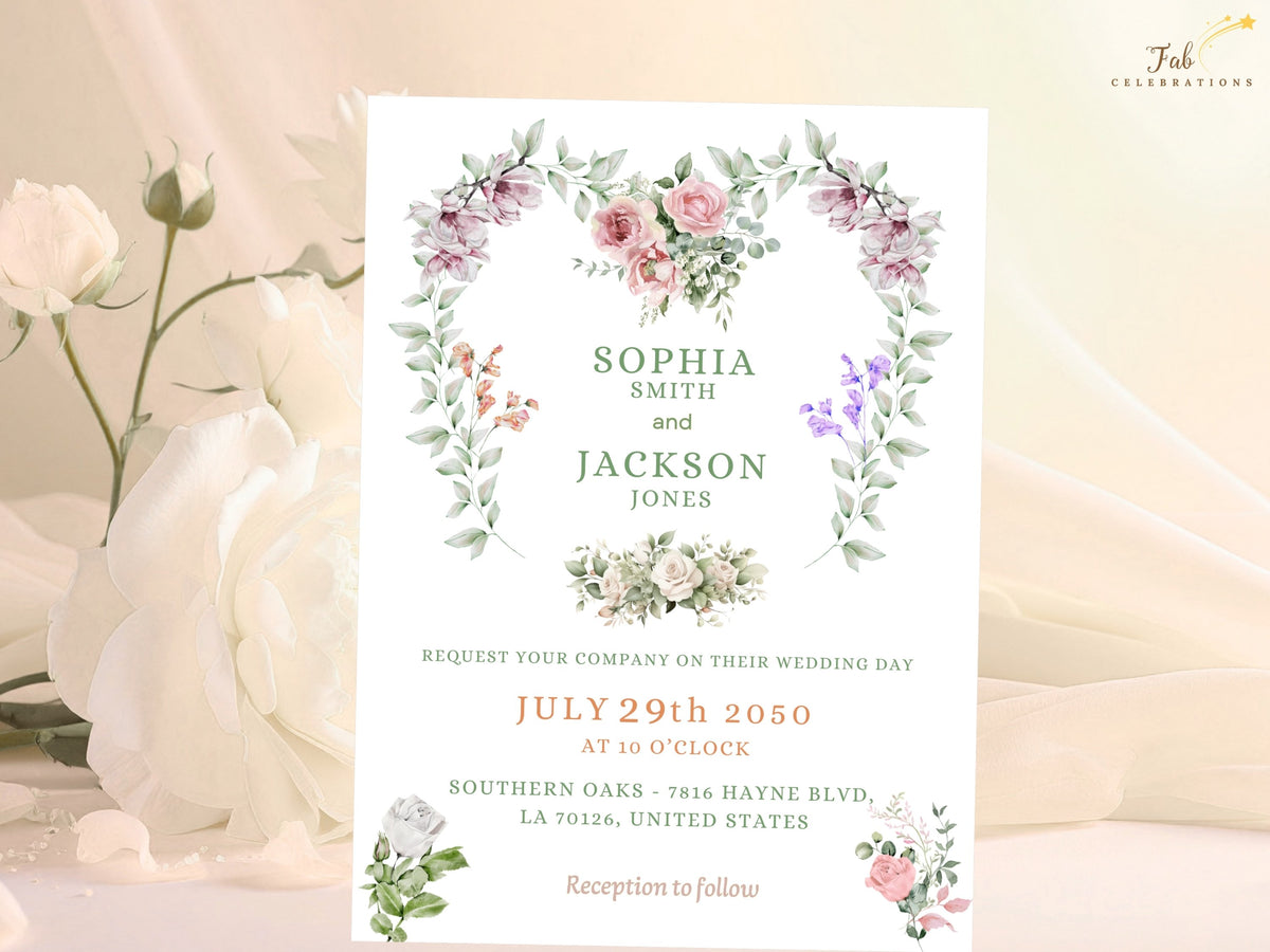 French Wedding Invitations card featuring a romantic watercolor-inspired floral heart wreath with pink roses, purple blossoms and greenery surrounding elegant personalized wedding typography.