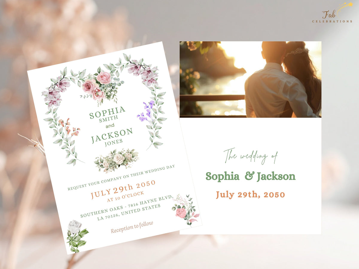 Wedding invitation front paired with a personalized photo back, combining a watercolor-inspired floral heart wreath with a couple photograph, names and wedding date on the reverse.
