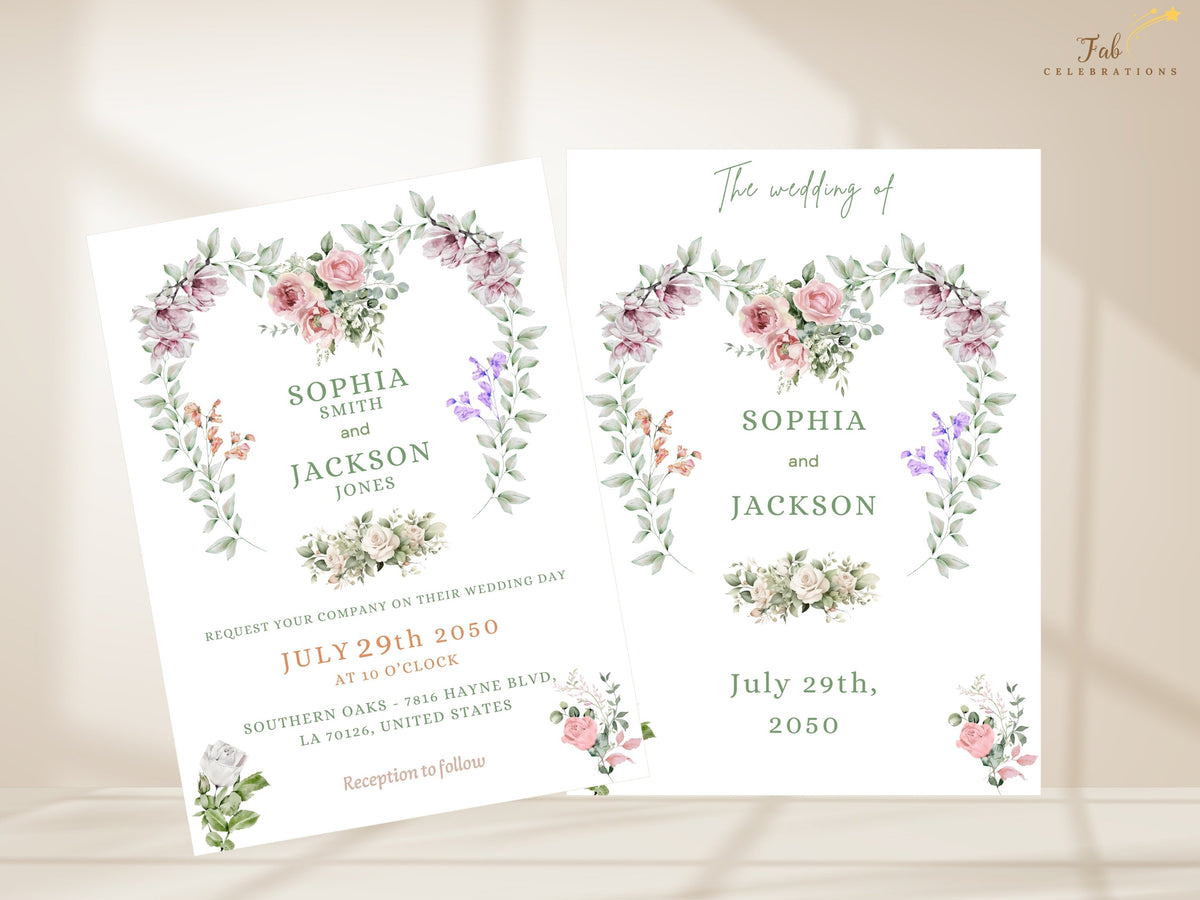 Wedding invitation front and text back displayed together, pairing a romantic floral heart design with a coordinated reverse layout featuring names, wedding date and venue information.