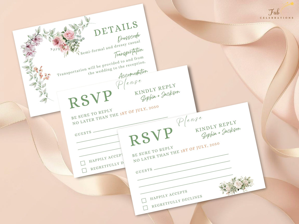 Coordinated wedding stationery featuring two RSVP card designs, including one with a personalized photo area, plus a matching details card decorated with watercolor-inspired floral accents.