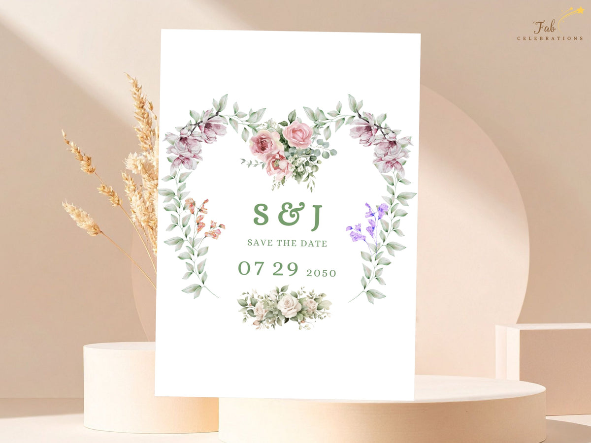 Wedding save the date card featuring the couple initials and wedding date inside a watercolor-inspired floral heart wreath with soft pink flowers, purple blossoms and greenery.
