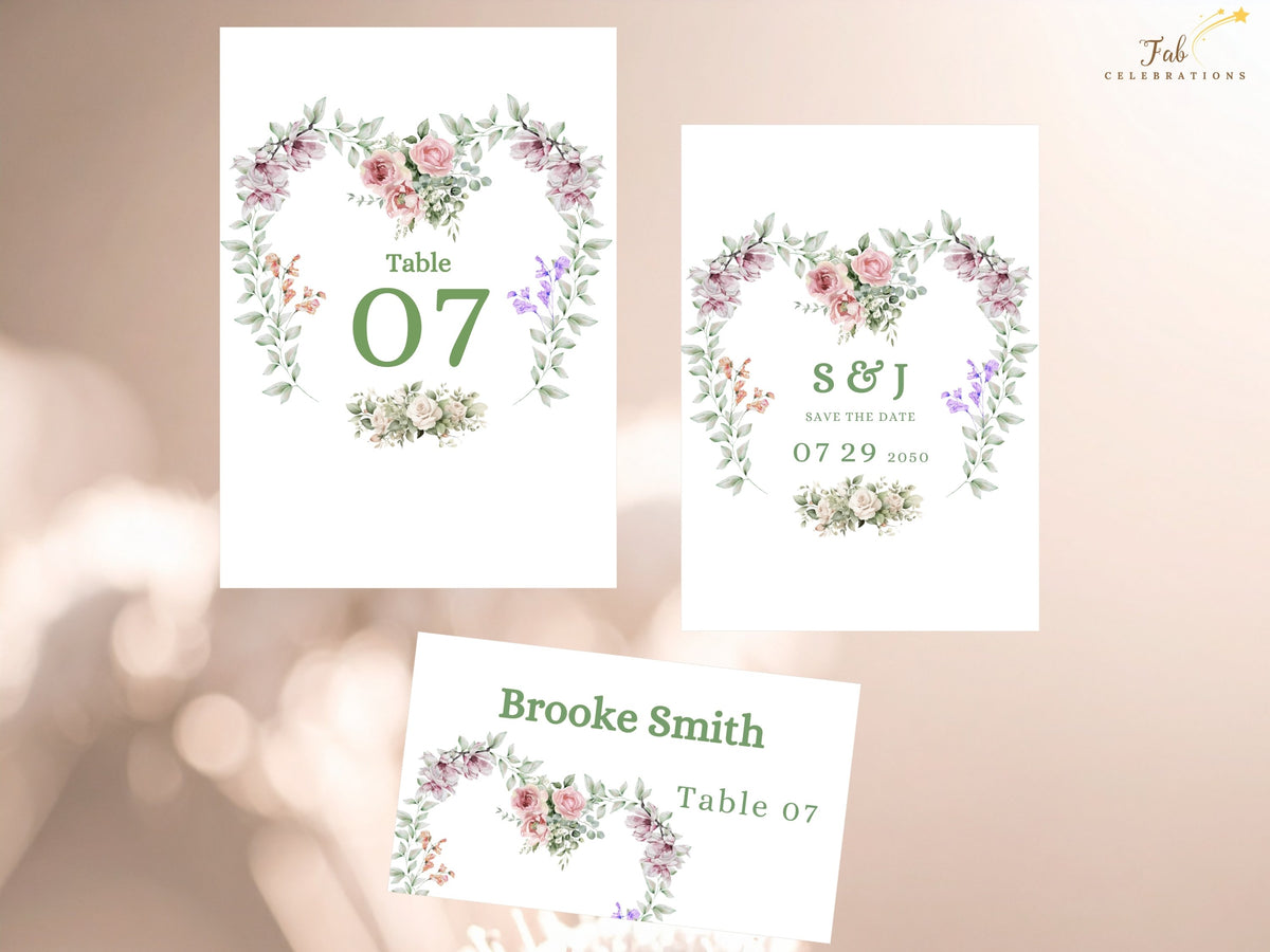 Three coordinated wedding stationery cards featuring a floral table number, save the date and personalized place card, all sharing the same watercolor-inspired pink and green botanical design.