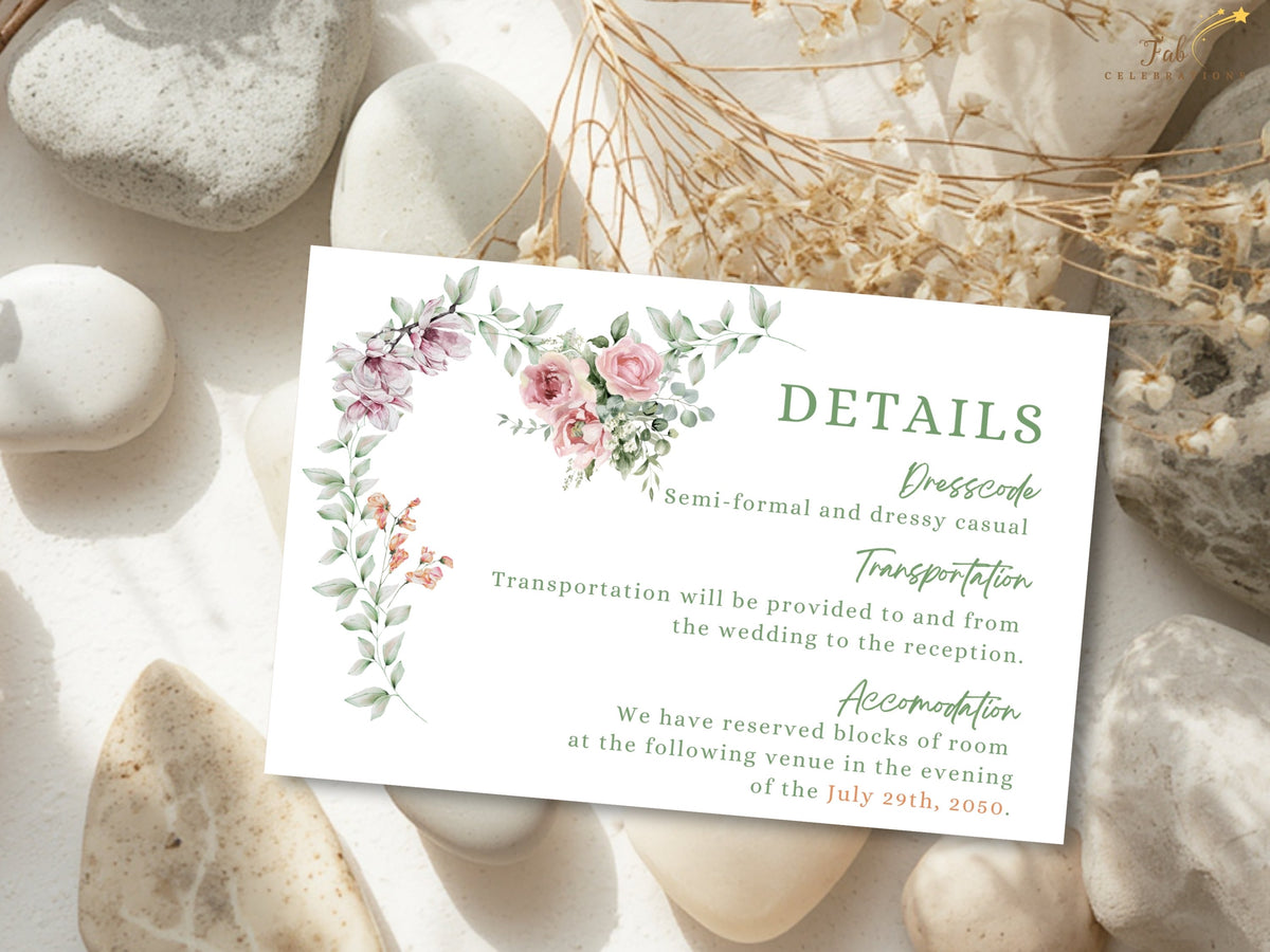 Wedding details card featuring elegant travel, accommodation and reception information framed by watercolor-inspired pink flowers, purple blossoms and soft green botanical accents.