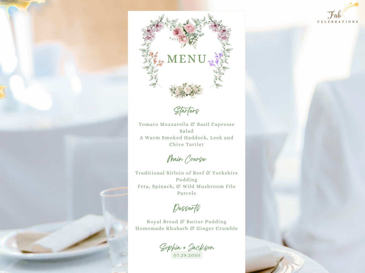 Wedding menu card featuring elegant course details framed by a watercolor-inspired floral heart wreath with pink roses, purple blossoms, greenery and coordinated wedding typography.