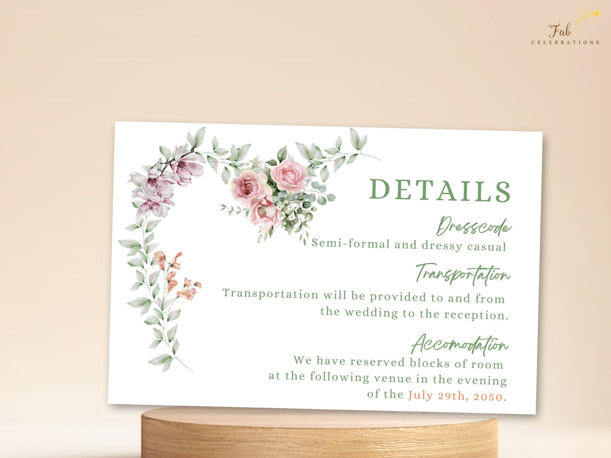 Garden Wedding Invitations Canva details card featuring delicate watercolor-inspired flowers, romantic botanical accents and fully editable text for creating elegant personalized wedding stationery.