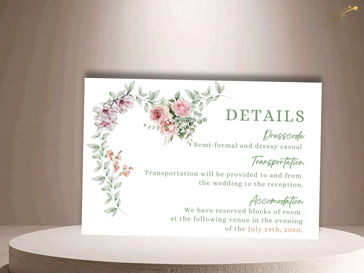 Editable wedding information card with watercolor-inspired floral artwork, elegant typography and customizable text, ideal for including venue details, accommodations, directions and celebration information.