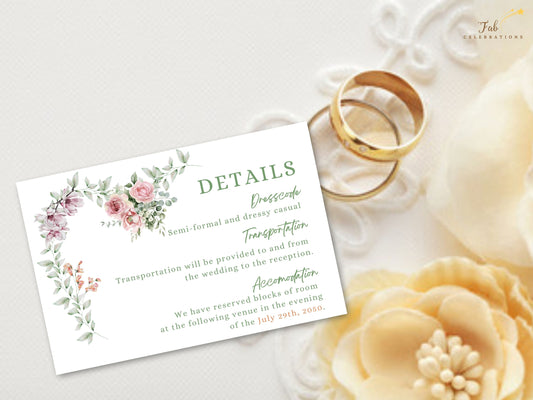 Garden wedding invitations details card template with watercolor floral heart, roses, lavender, and sage greenery designed for rustic French countryside weddings.