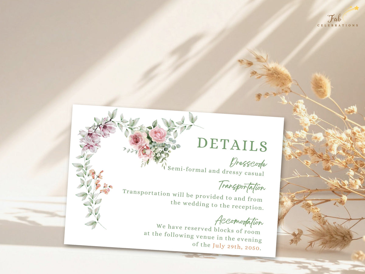 Wedding details insert card featuring clear guest information for directions, transportation and accommodations, accented by watercolor-inspired flowers and delicate botanical greenery.