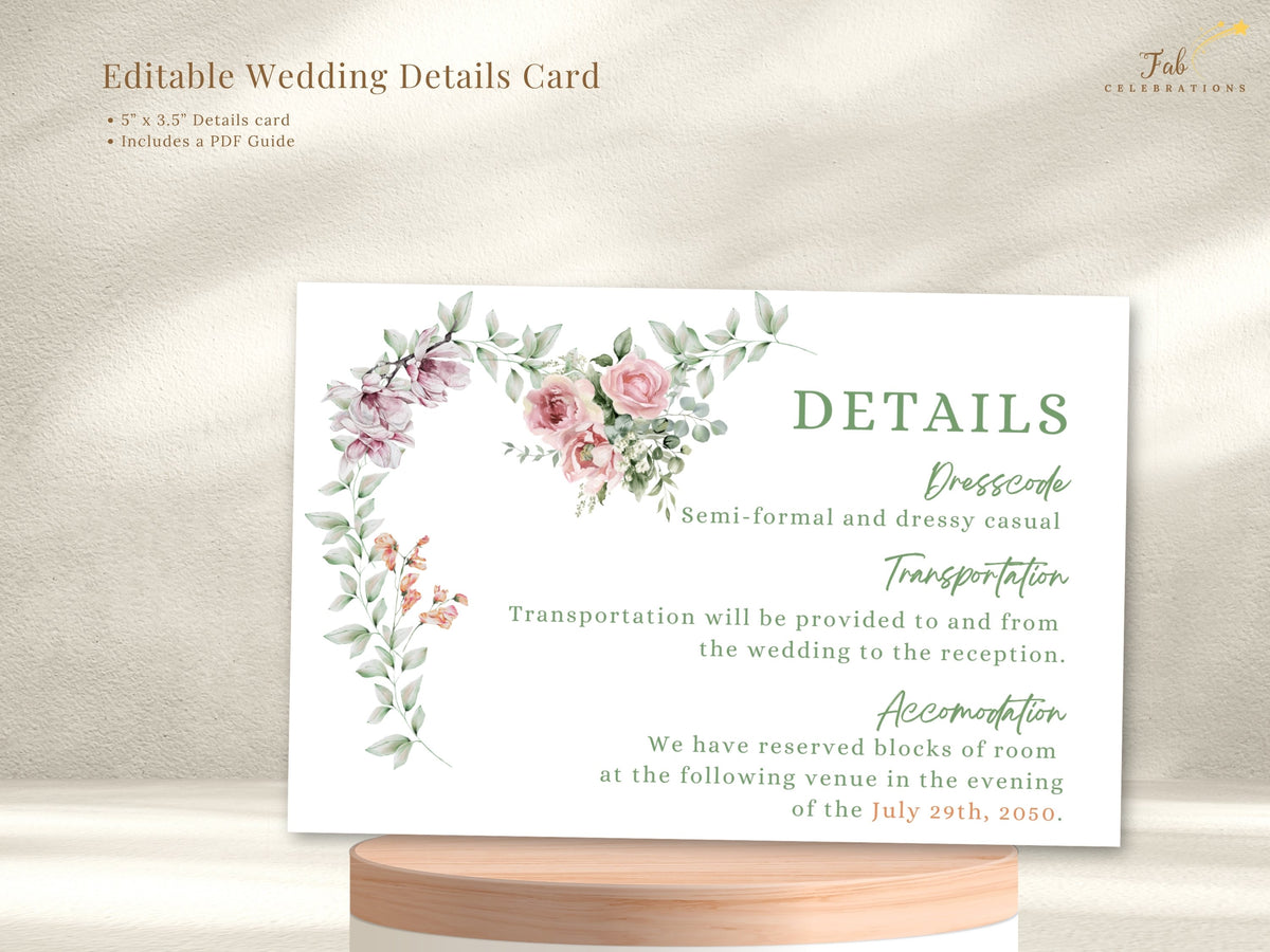 Editable wedding details card presented with feature text, showing a watercolor-inspired floral design and organized sections for directions, transportation and accommodation information.