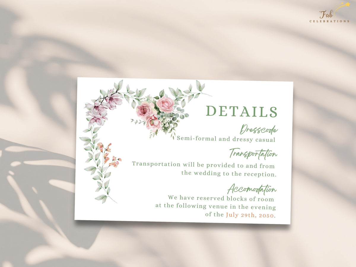 Garden Wedding Invitations editable details card featuring practical wedding information with elegant typography and watercolor-inspired pink and purple florals with soft greenery.