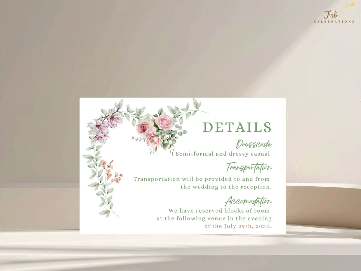 Elegant wedding details template with clearly arranged travel and accommodation information, decorated with watercolor-inspired floral accents in soft pink, purple and green tones.
