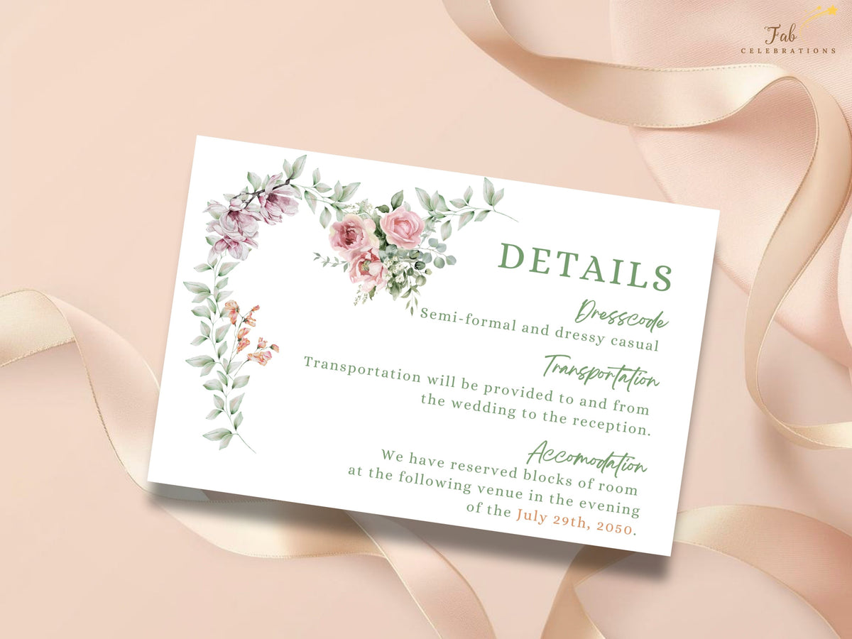 Garden Wedding Invitations details card featuring watercolor-inspired pink roses, purple blossoms and greenery framing elegant information for directions, transportation and accommodations.