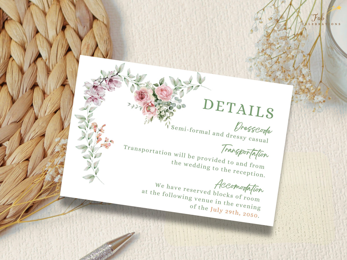Floral wedding information card featuring directions, transportation and accommodation sections framed by watercolor-inspired roses, blossoms, leaves and delicate botanical sprigs.