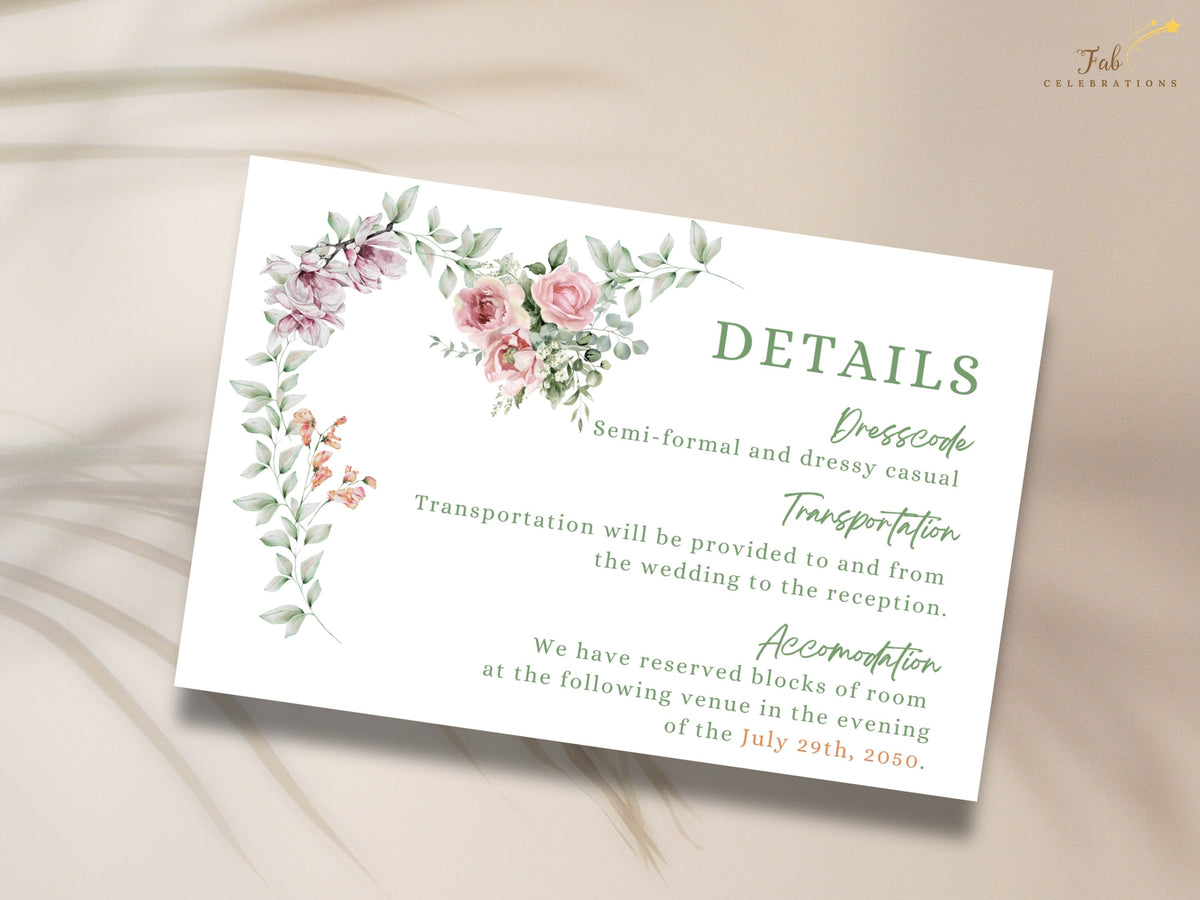 Floral wedding insert card featuring essential directions, transportation and accommodation details with watercolor-inspired pink roses, purple blossoms and coordinated green foliage.
