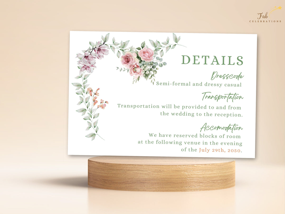 Garden Wedding Invitations details card featuring soft pink and purple watercolor-inspired florals, elegant typography and practical directions, transportation and accommodation information.