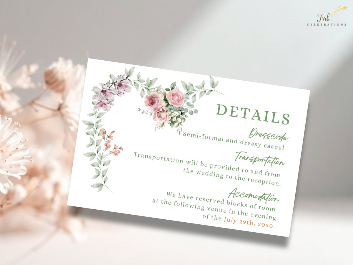 Romantic wedding details card featuring directions, transportation and accommodation information with watercolor-inspired pink roses, purple flowers and delicate botanical greenery.