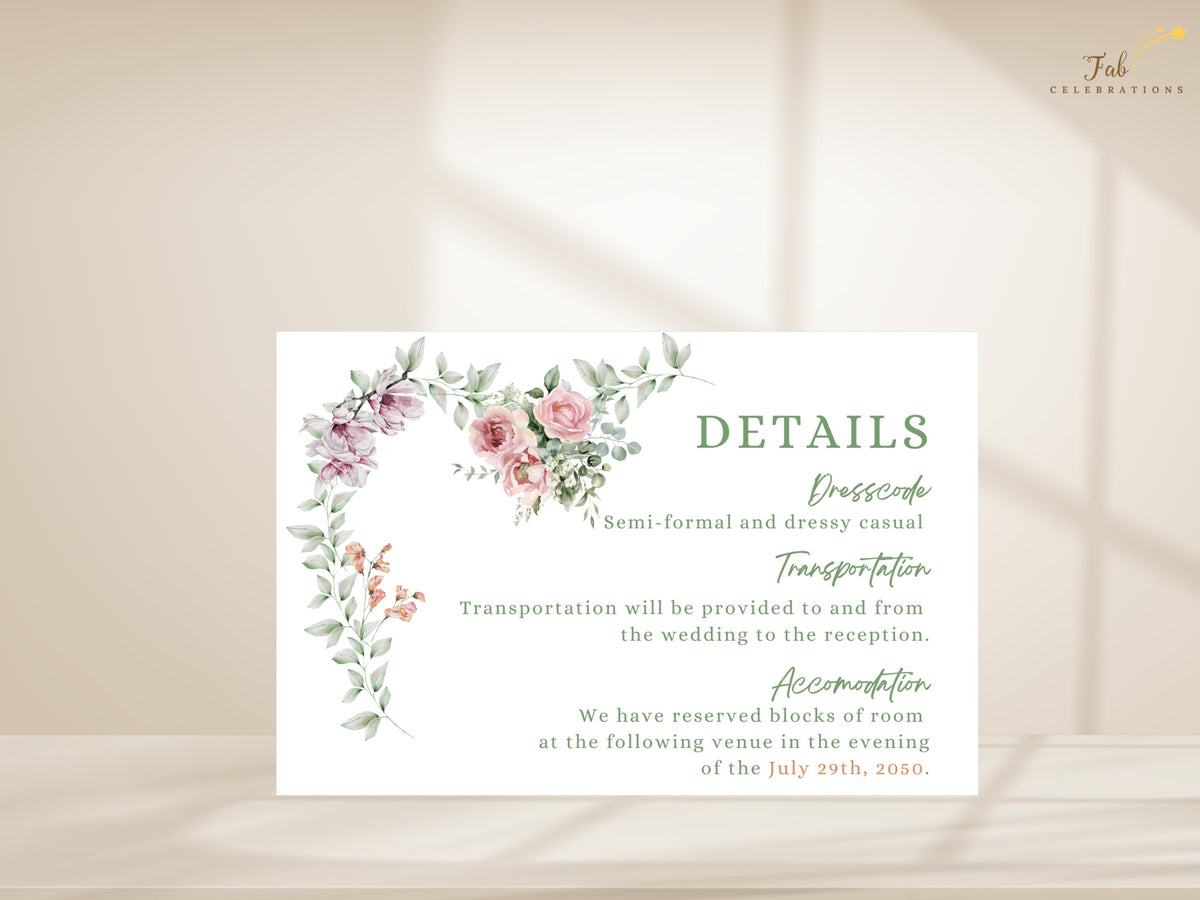 Wedding details template featuring organized directions, transportation and accommodation information with a romantic watercolor-inspired floral arrangement and refined typography.