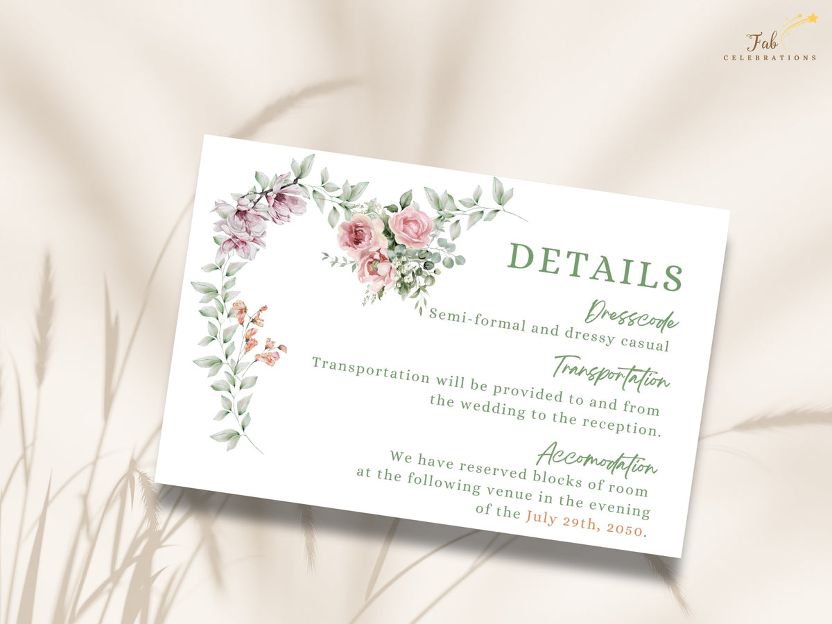 Wedding information card featuring elegant directions, transportation and accommodation details accented with watercolor-inspired pink flowers, purple blossoms and soft green foliage.