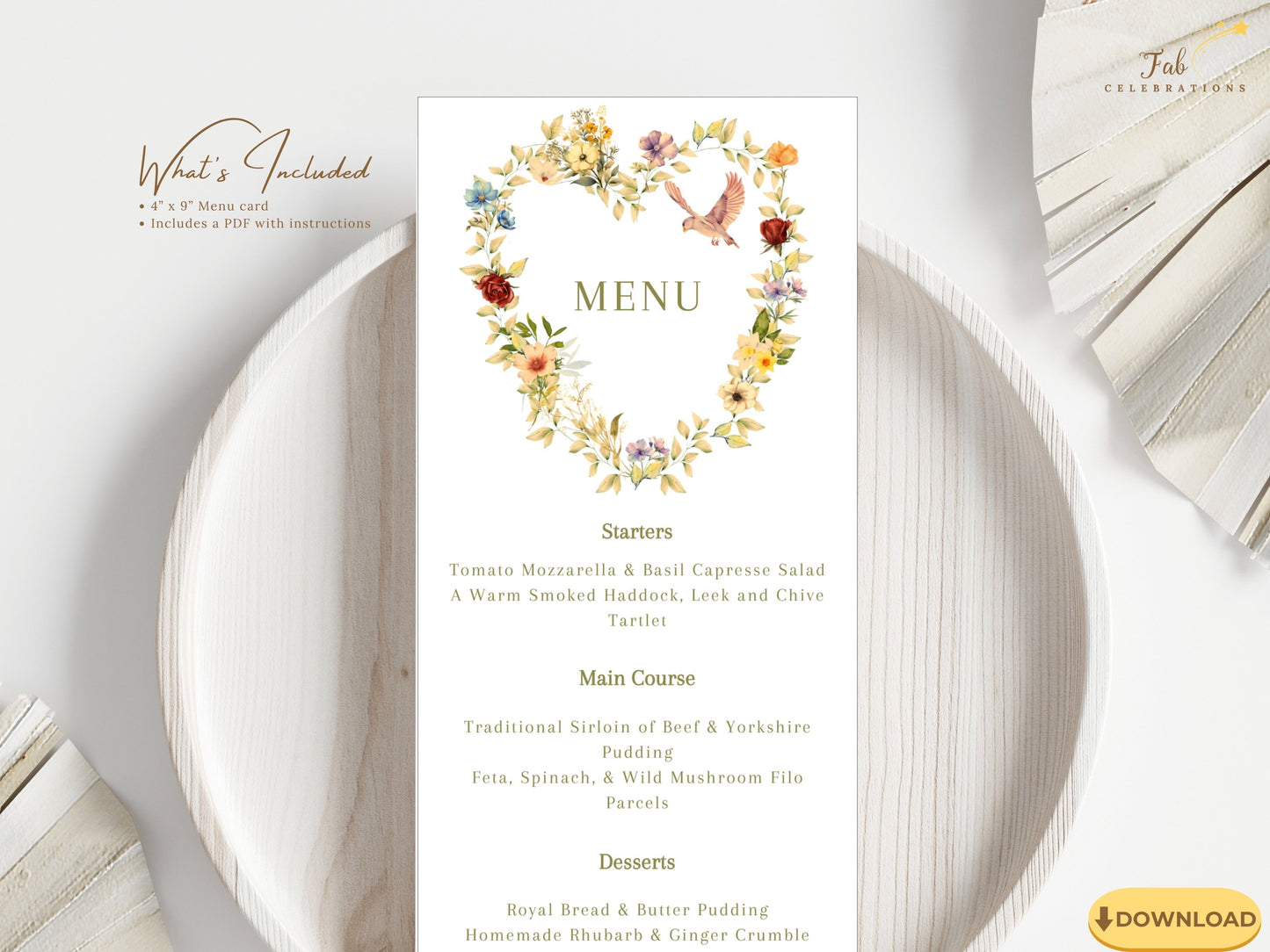 Editable Romantic Wedding Menu Template with peach apricot florals, purple blue blossoms, sage green foliage and gold botanical accents creating beautifully coordinated reception décor.
