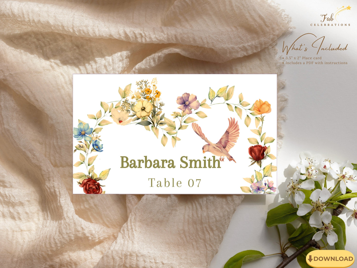 Editable Romantic Wedding Name Card with peach apricot florals, purple blue blossoms, sage green foliage and gold botanical accents creating beautifully coordinated wedding reception décor.