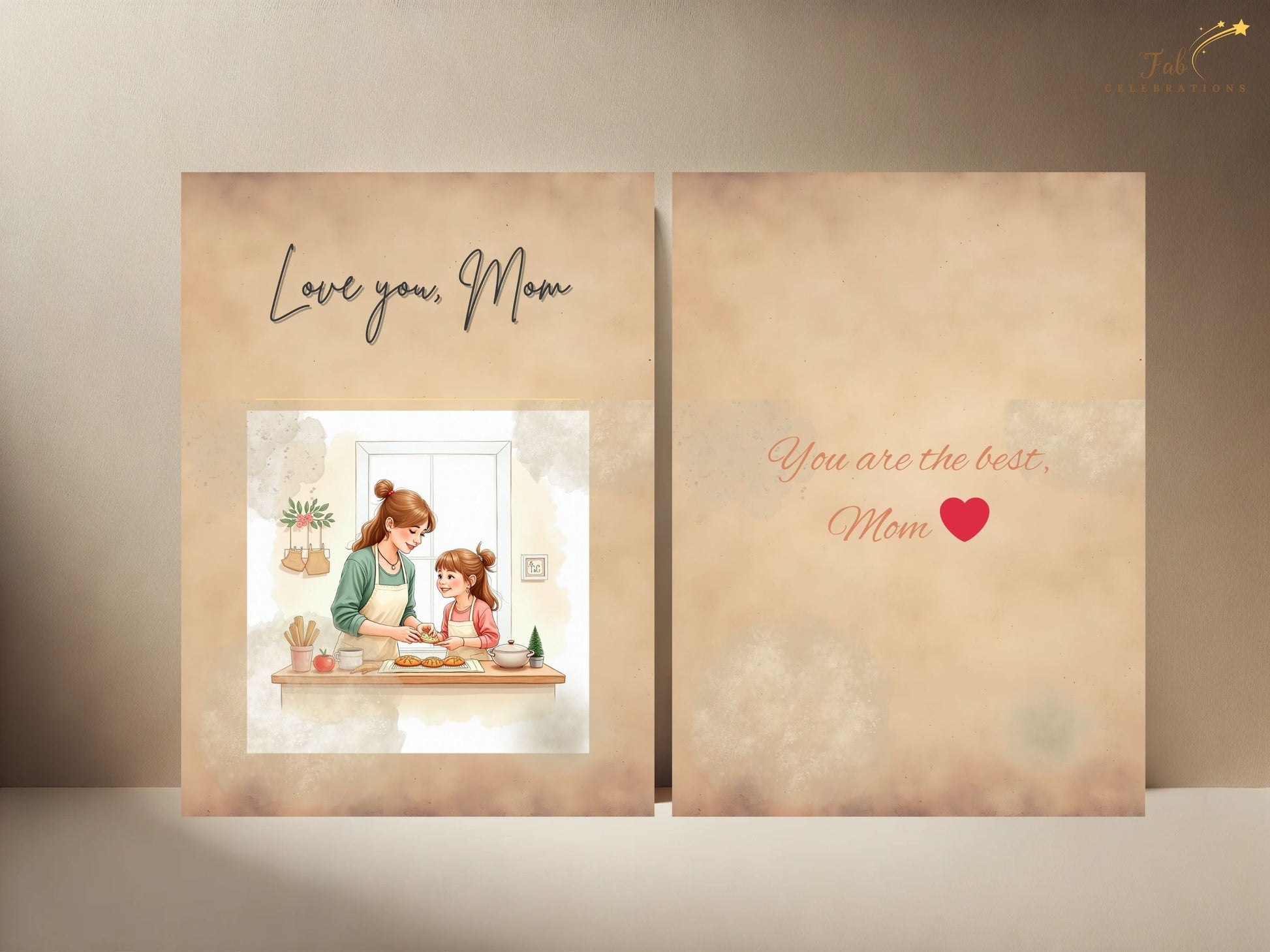 Happy Mother’s Day Card Set highlighting a warm mother-daughter baking scene illustrated with delicate watercolor-inspired textures, soft pastel tones, and graceful French-inspired composition.
