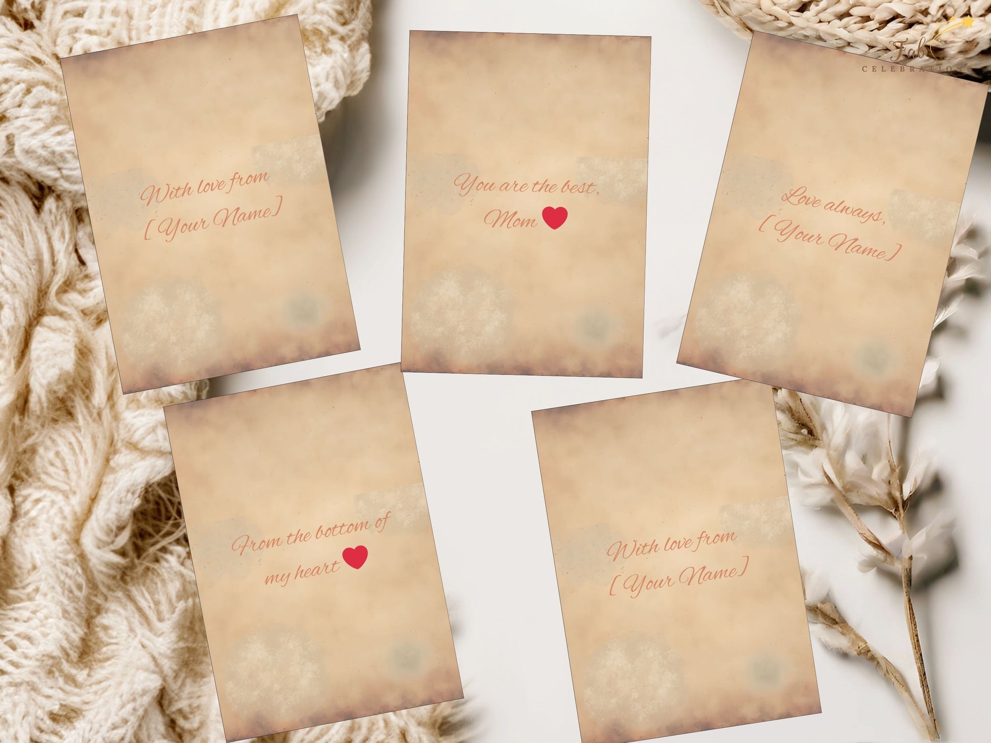 Happy Mother’s Day Card Set back view showcasing editable message layouts for all five printable cards, designed for easy Canva personalization with refined typography and timeless elegant styling.