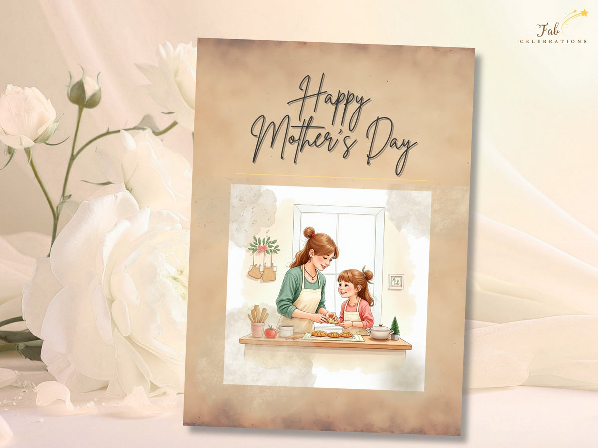 Happy Mother's Day Card Set featuring the Happy Mother's Day greeting in flowing script above a tender watercolor-inspired illustration of a mother and daughter baking together, with a warm beige.