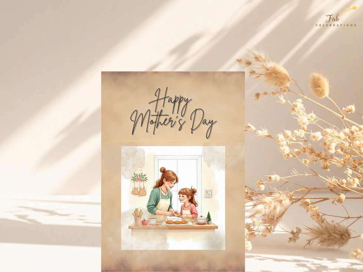 Happy Mother’s Day card featuring a mother and daughter sharing a special baking moment together, with charming kitchen details, delicate flowers and soft green, pink and beige tones.