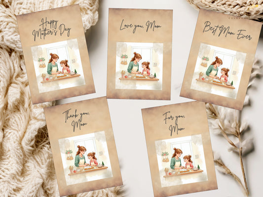 Happy Mother’s Day Card Set featuring five coordinated printable 5x7 card designs with tender mother and daughter baking illustrations in soft watercolor-inspired pastel tones and elegant typography.