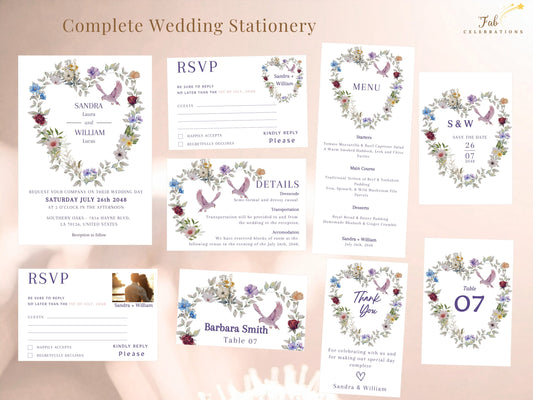 Heart Floral Wedding Suite featuring eleven editable Canva templates with watercolor-inspired floral hearts, pink doves, invitations, RSVP cards, and coordinated ceremony and reception stationery.