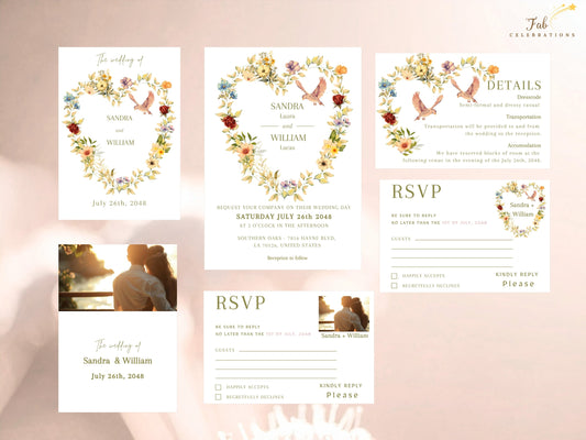 Heart shaped floral invitation set featuring six editable Canva designs: wedding invitation, two invitation backs including a replaceable photo area, two RSVP cards and a details card.