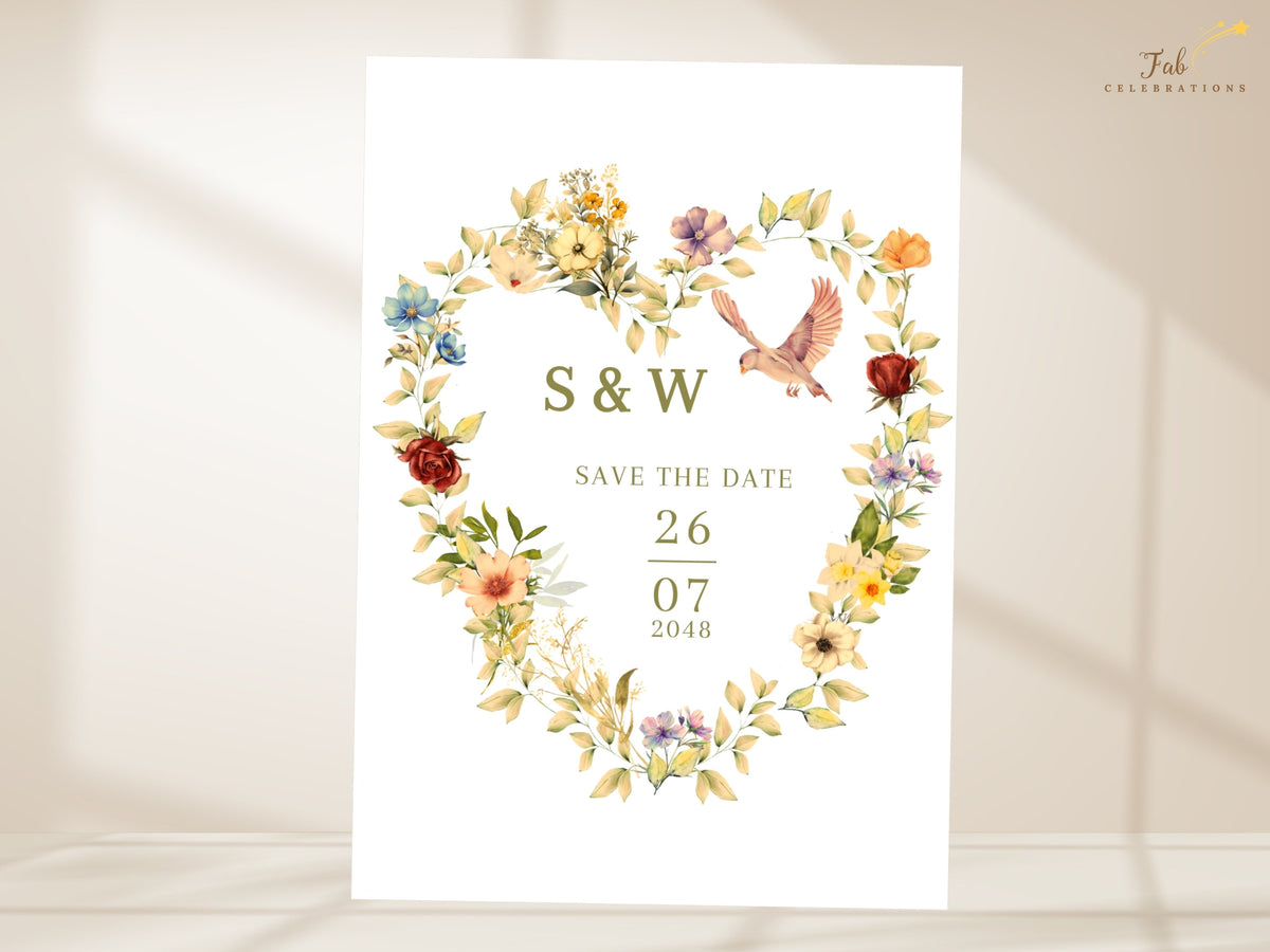 Floral heart Save the Date Card featuring warm-toned beautiful garden flowers, subtle foliage, and doves, with a clean white center for personalized initials and their chosen wedding date.