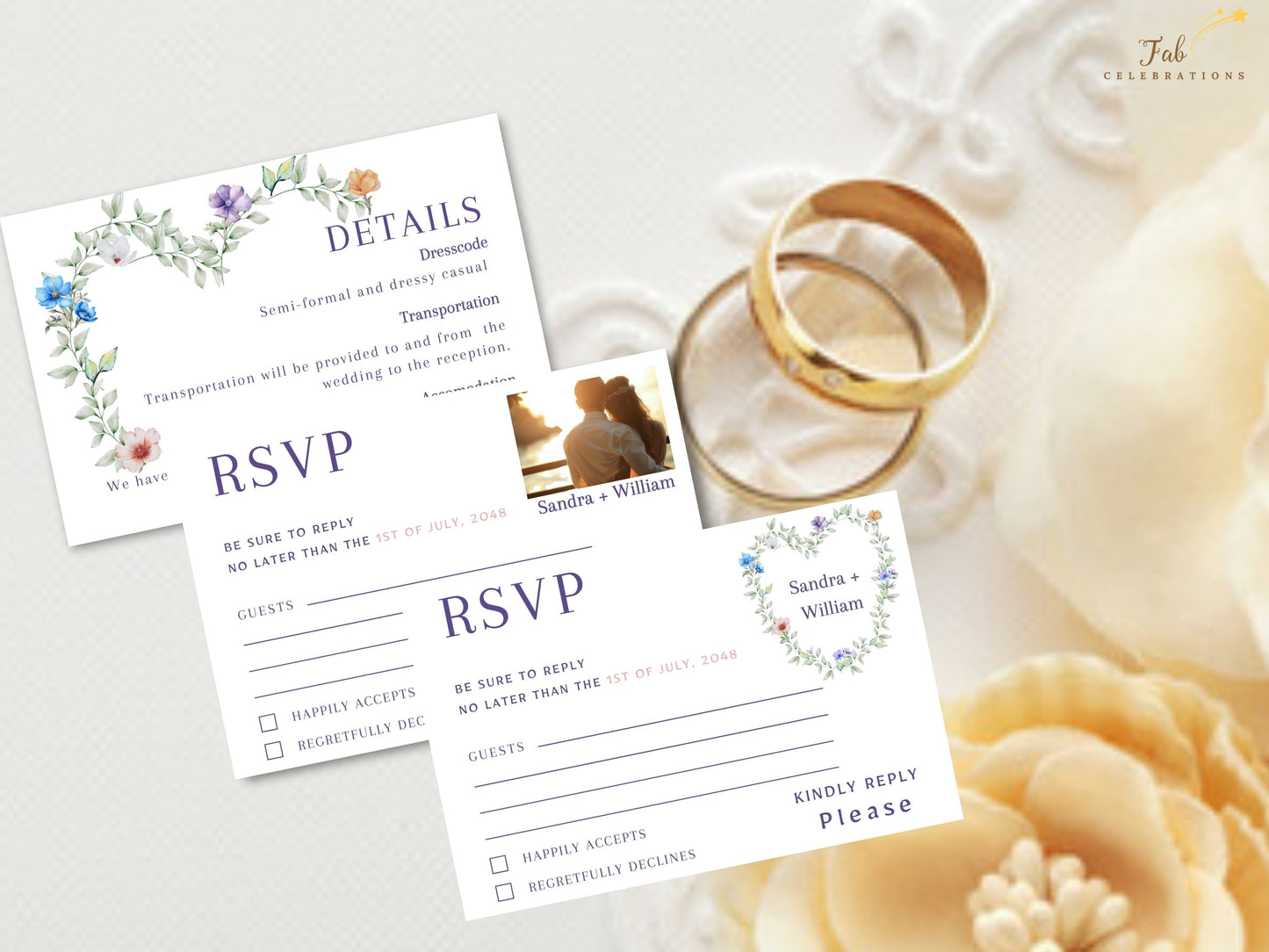Floral wedding invitation template showcasing a heart-shaped botanical frame with delicate watercolor-inspired flowers and timeless romantic wedding styling