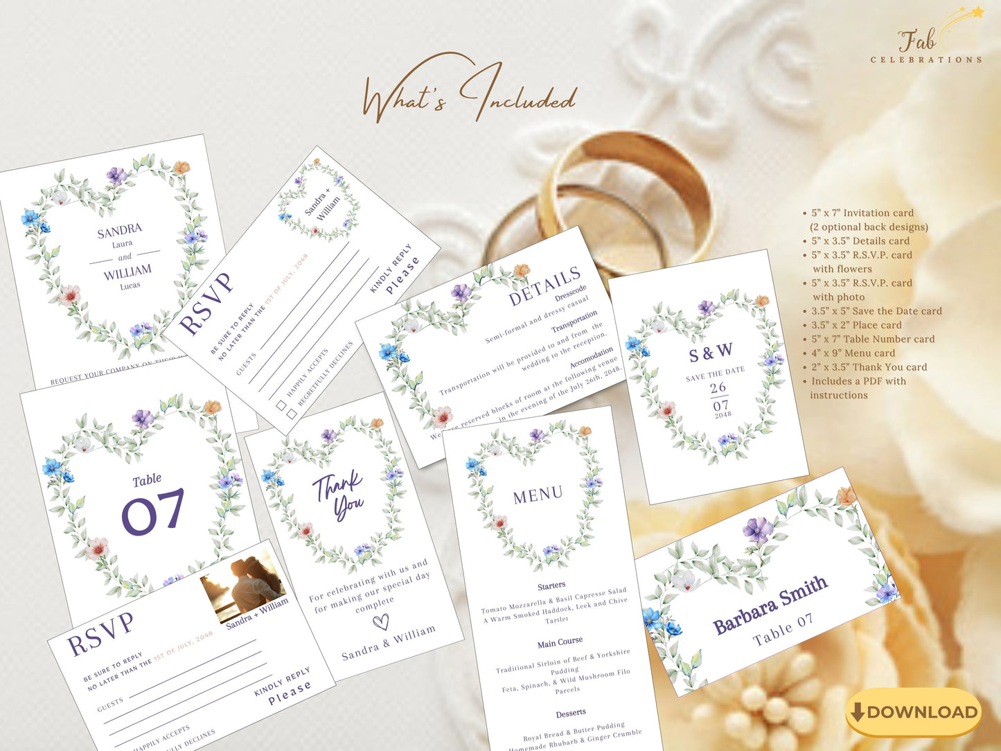 Heart Shaped Wedding Invitation Set featuring a romantic floral heart wreath design with soft purple blooms, botanical greenery, and elegant wedding typography