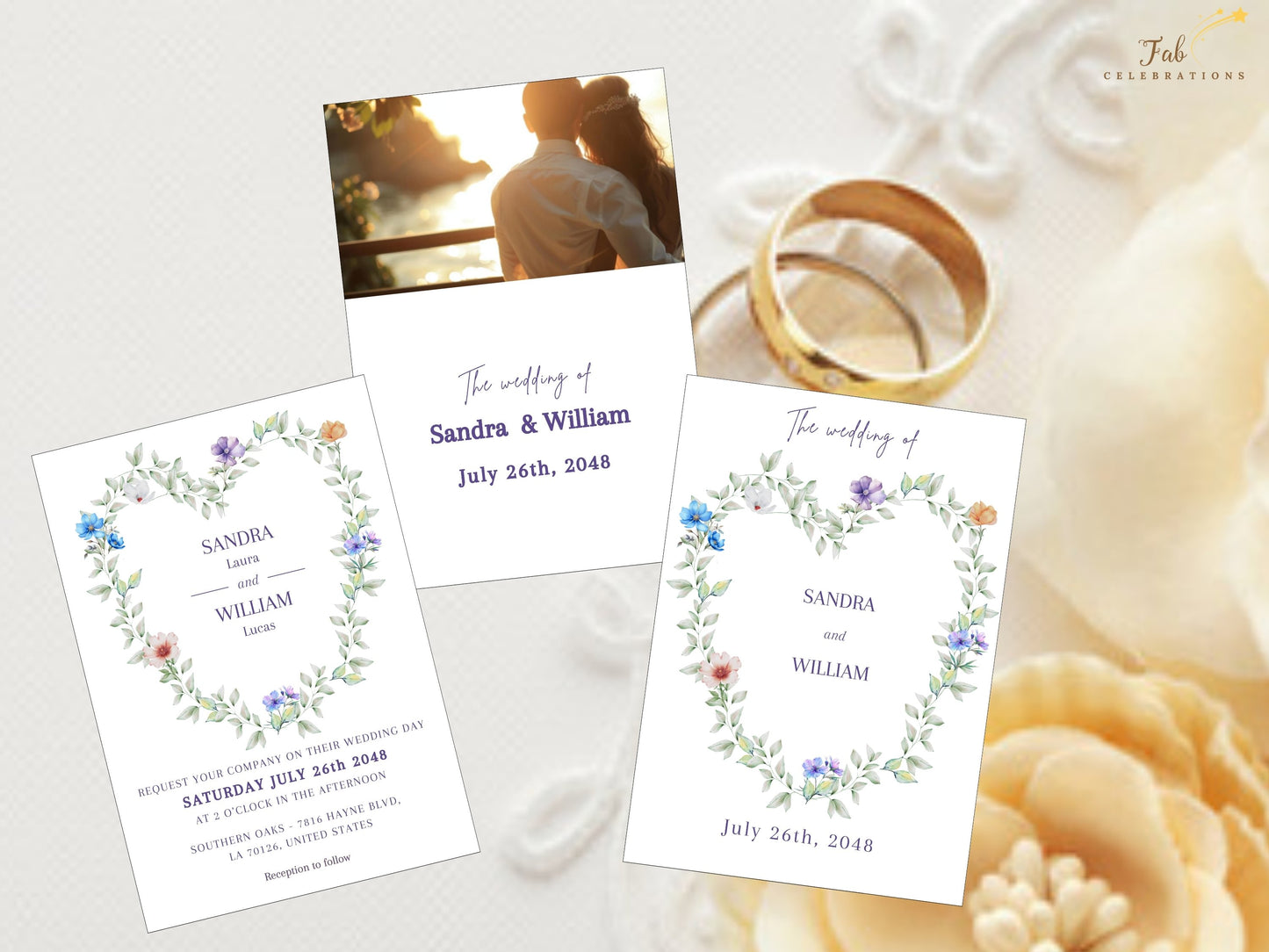 Editable Heart Shaped Wedding Invitation Set created in Canva with customizable wedding invitation templates for romantic garden and countryside celebrations
