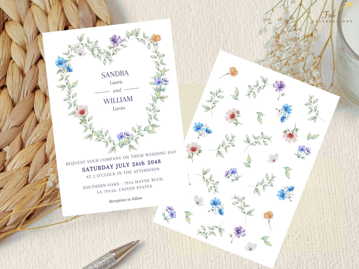 Wedding invitation front shown beside the individual watercolor-inspired botanical elements used in the design, including airy green foliage and delicate blue, purple, white and peach flowers.
