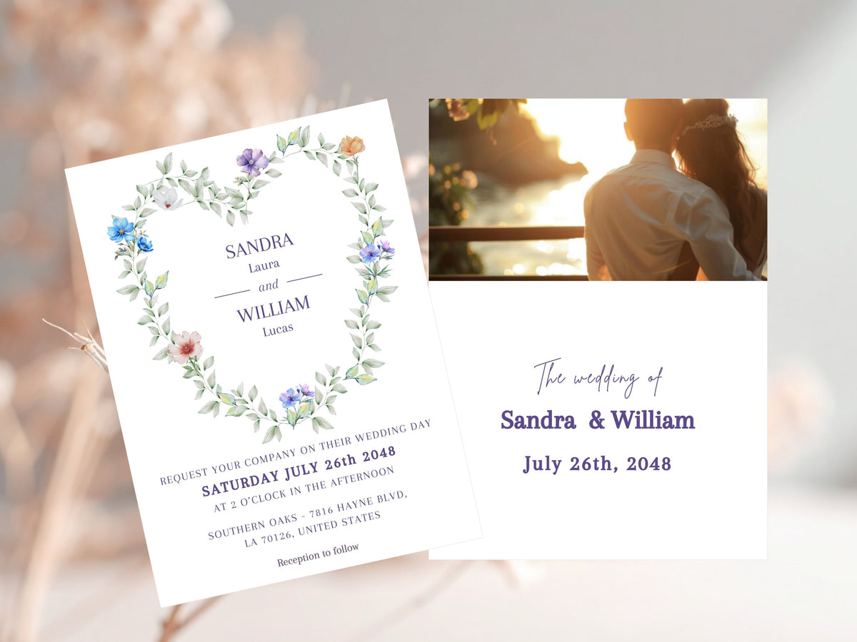 Wedding invitation front displayed with the coordinated photo back, combining a watercolor-inspired floral heart design, elegant purple typography and a large customizable couple photo area.