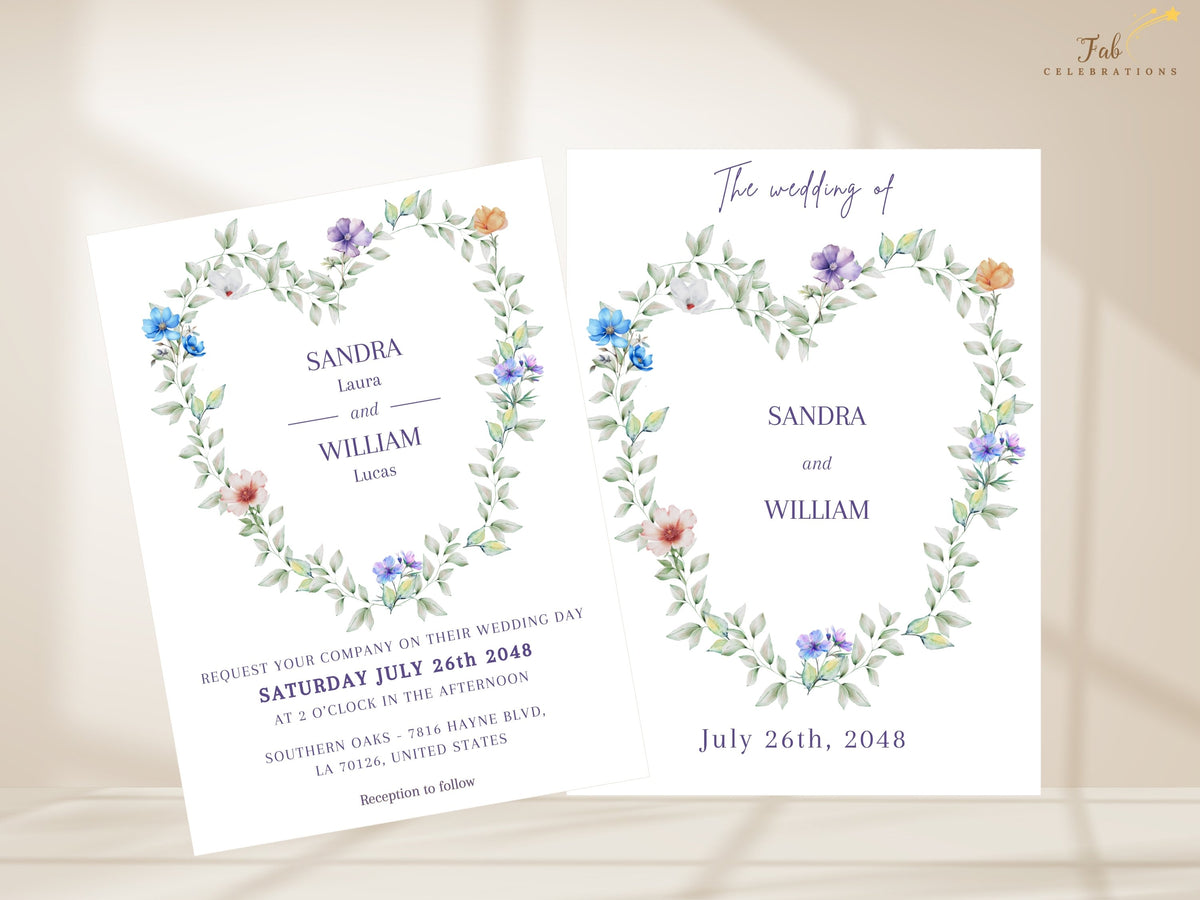 Wedding invitation front paired with its coordinated text back, featuring a watercolor-inspired heart-shaped wreath of green foliage with blue, purple, white and peach flowers and elegant purple typography.