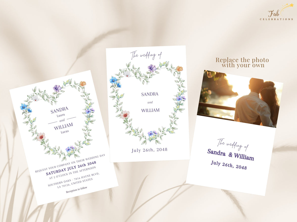 Heart Shaped Wedding Invitation Set showing the invitation front with two coordinated backs, including a text version and a photo version, framed by watercolor-inspired greenery and soft multicolor flowers.