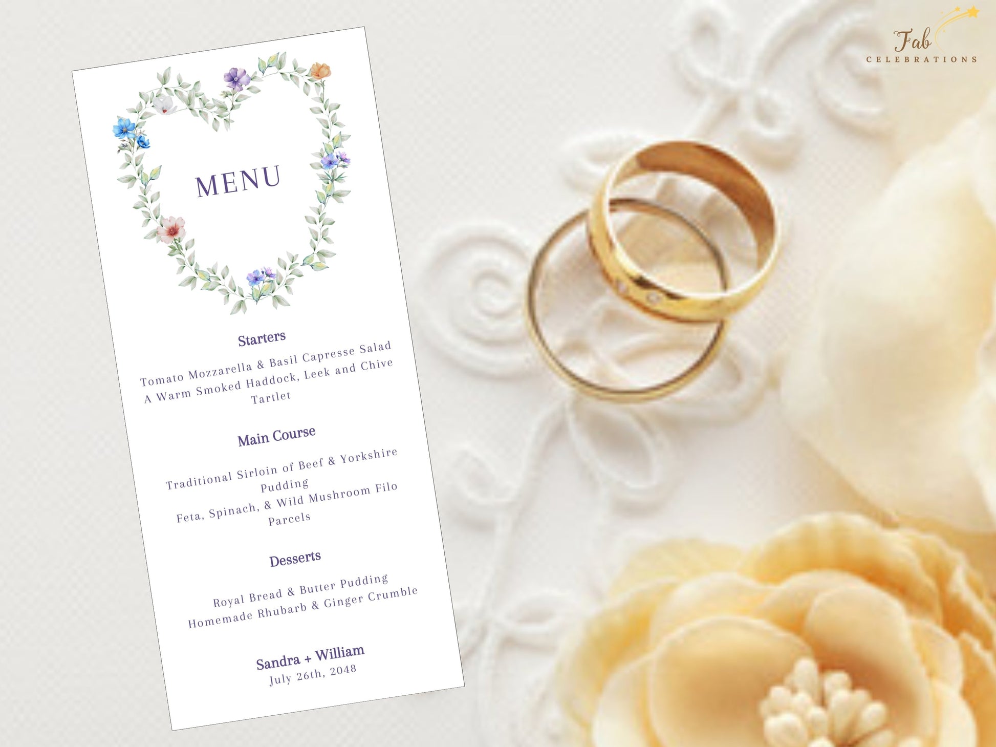 Wedding details card template featuring a botanical heart motif, ideal for sharing venue information, accommodations, and celebration timelines