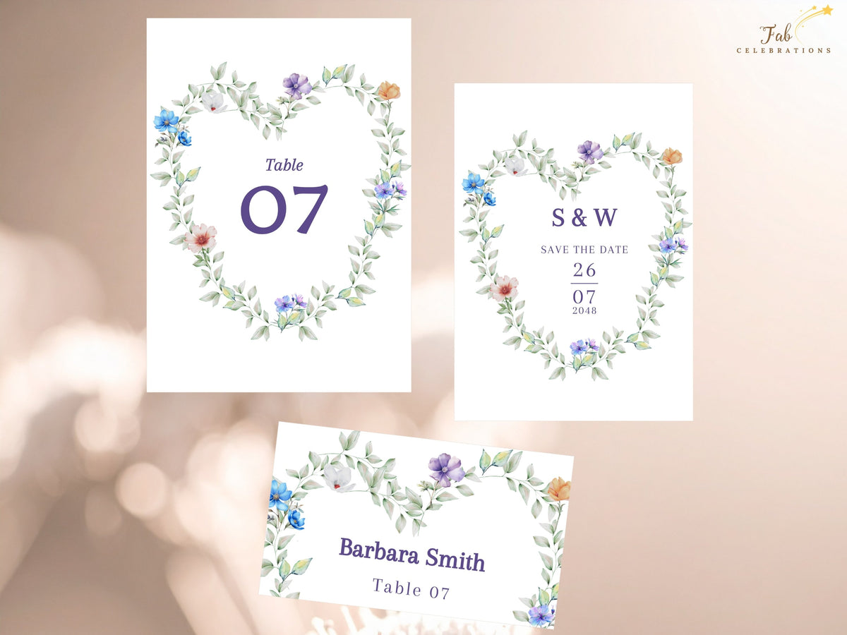 Three coordinated reception stationery templates featuring a table number, save the date and place card, all decorated with the same watercolor-inspired floral heart wreath and elegant purple typography.